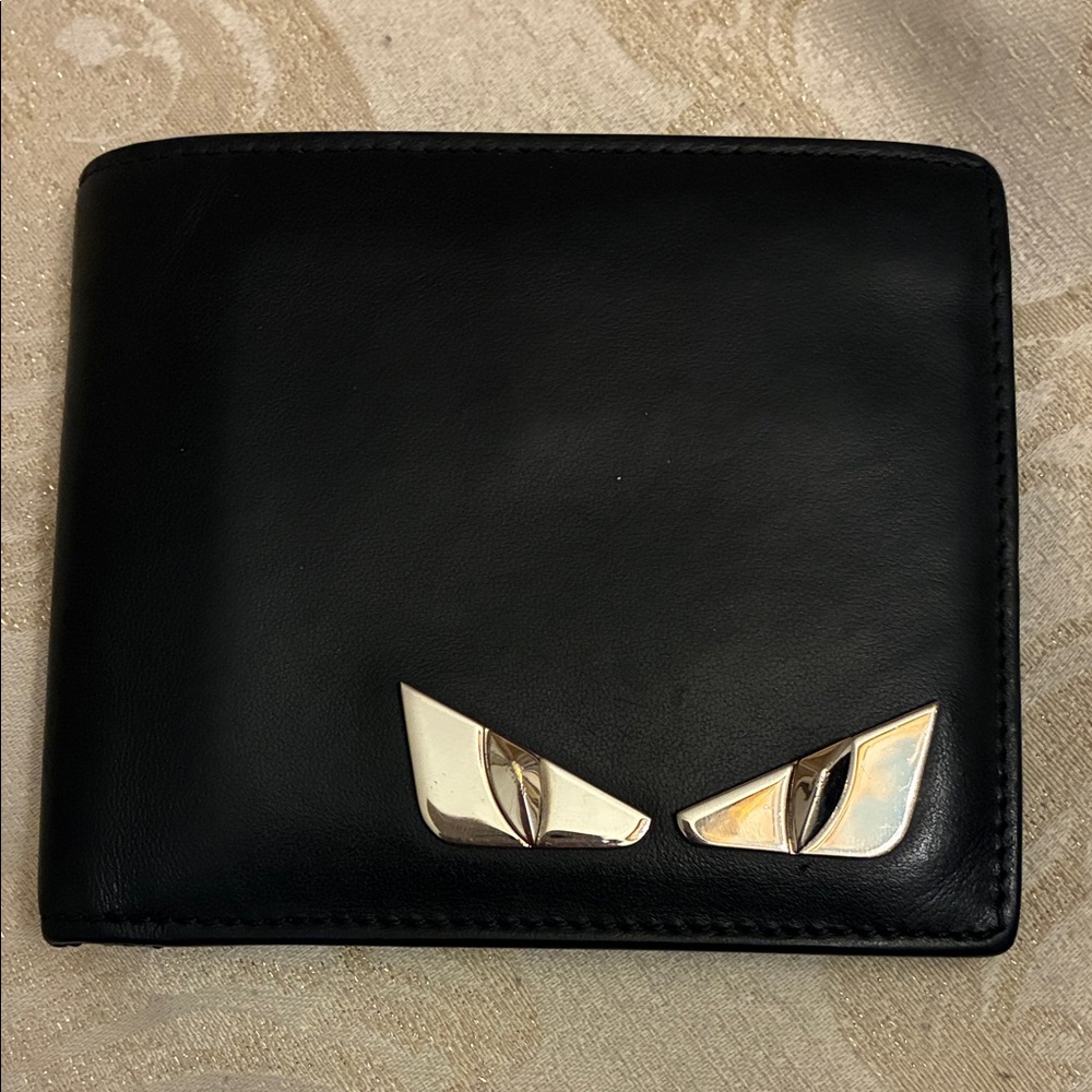 Fendi Black Monster Leather Wallet with Gold Accents